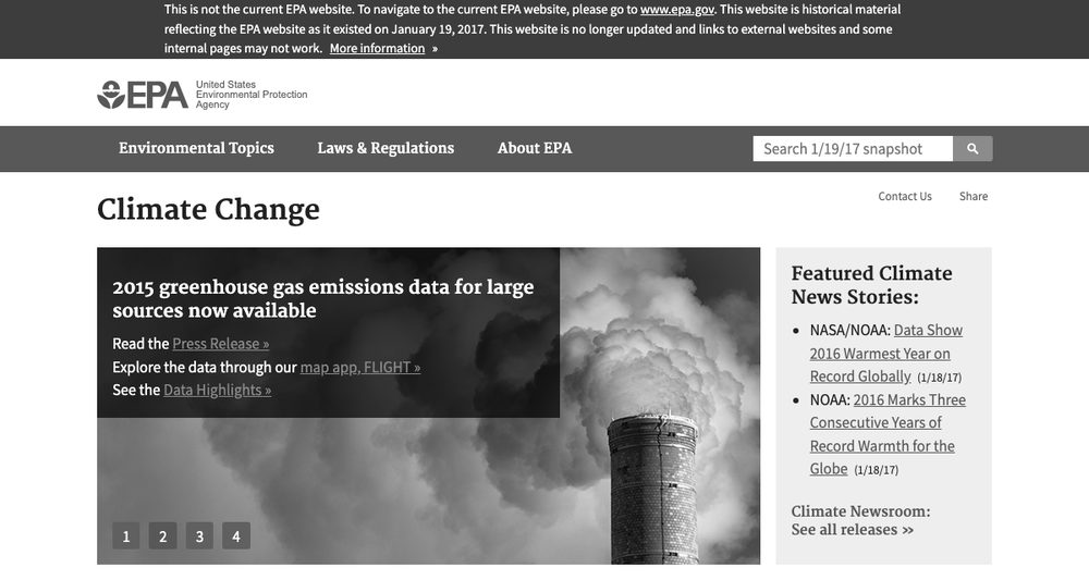 The EPA climate change homepage as preserved in the agency's January 19, 2017 snapshot, with sections on why and how the climate is changing
