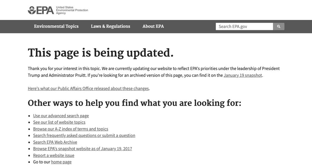 The same EPA address in May 2017, showing a page titled 'This page is being updated'