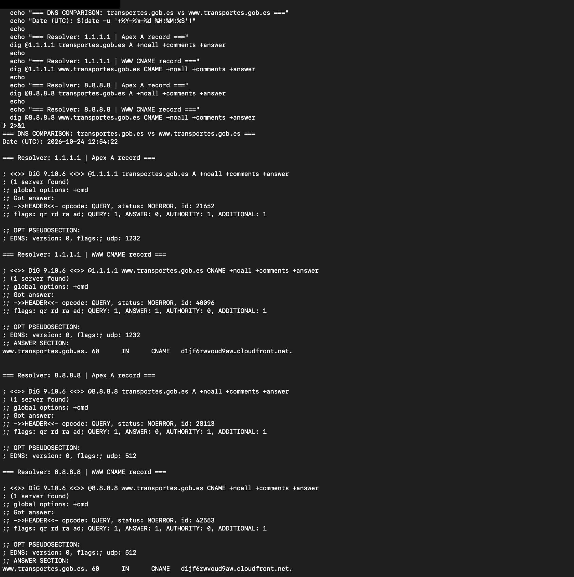 DNS results comparing transportes.gob.es and www.transportes.gob.es