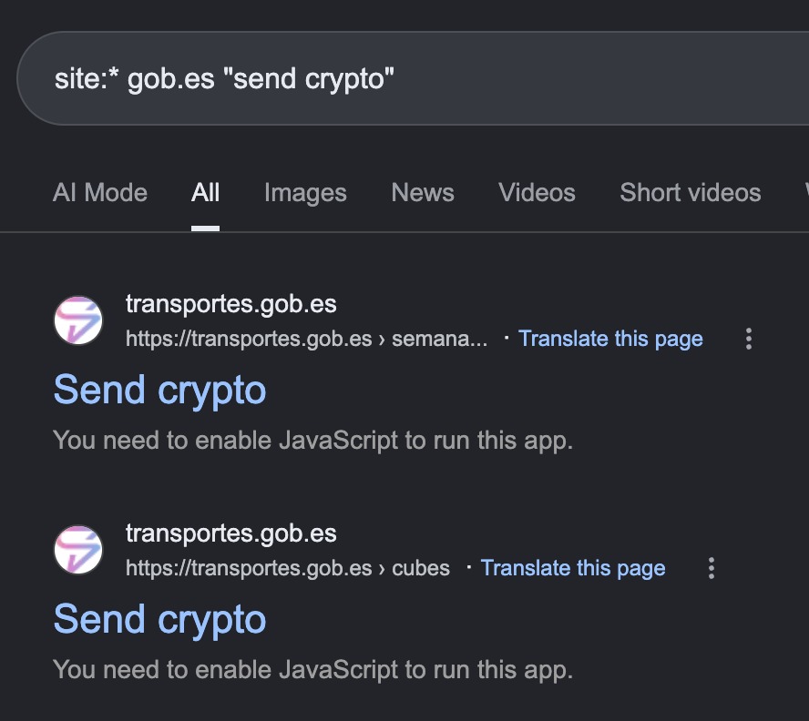 Google results showing two transportes.gob.es URLs titled Send crypto