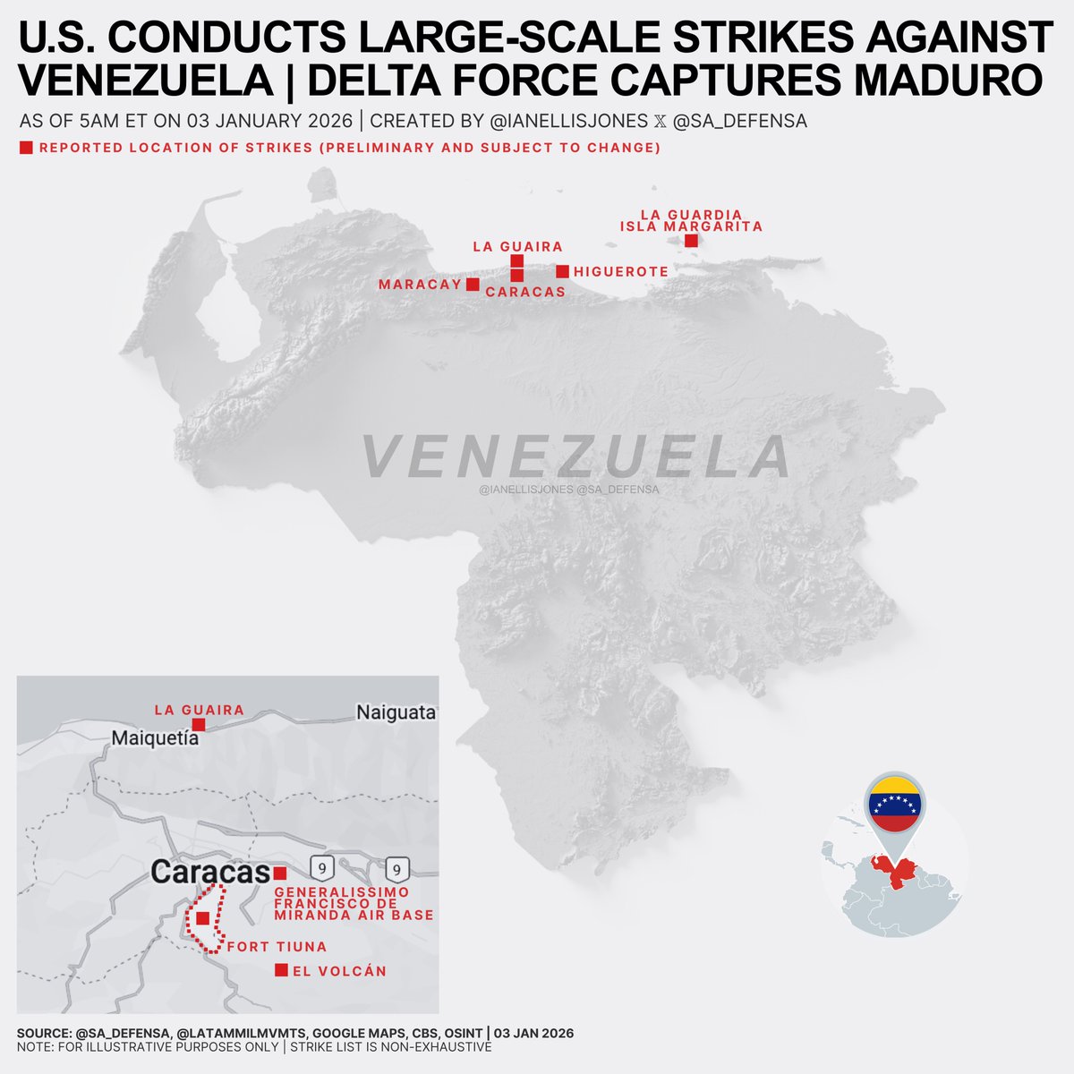 Reported strike locations during January 2026 operation
